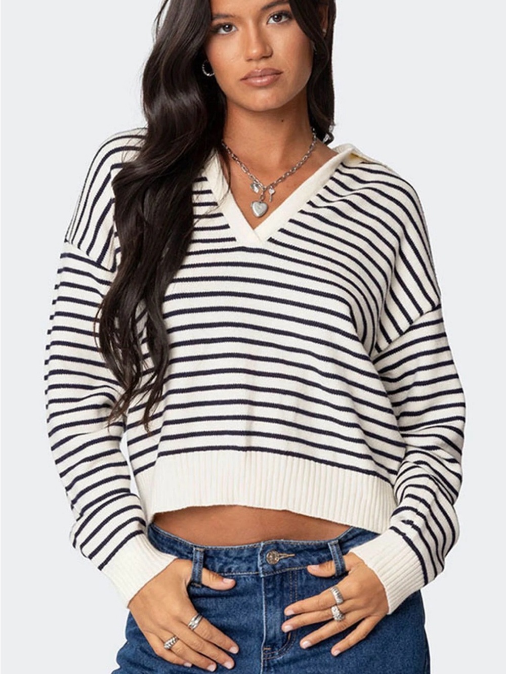 Edikted Striped V-Neck Sweater in White & Black